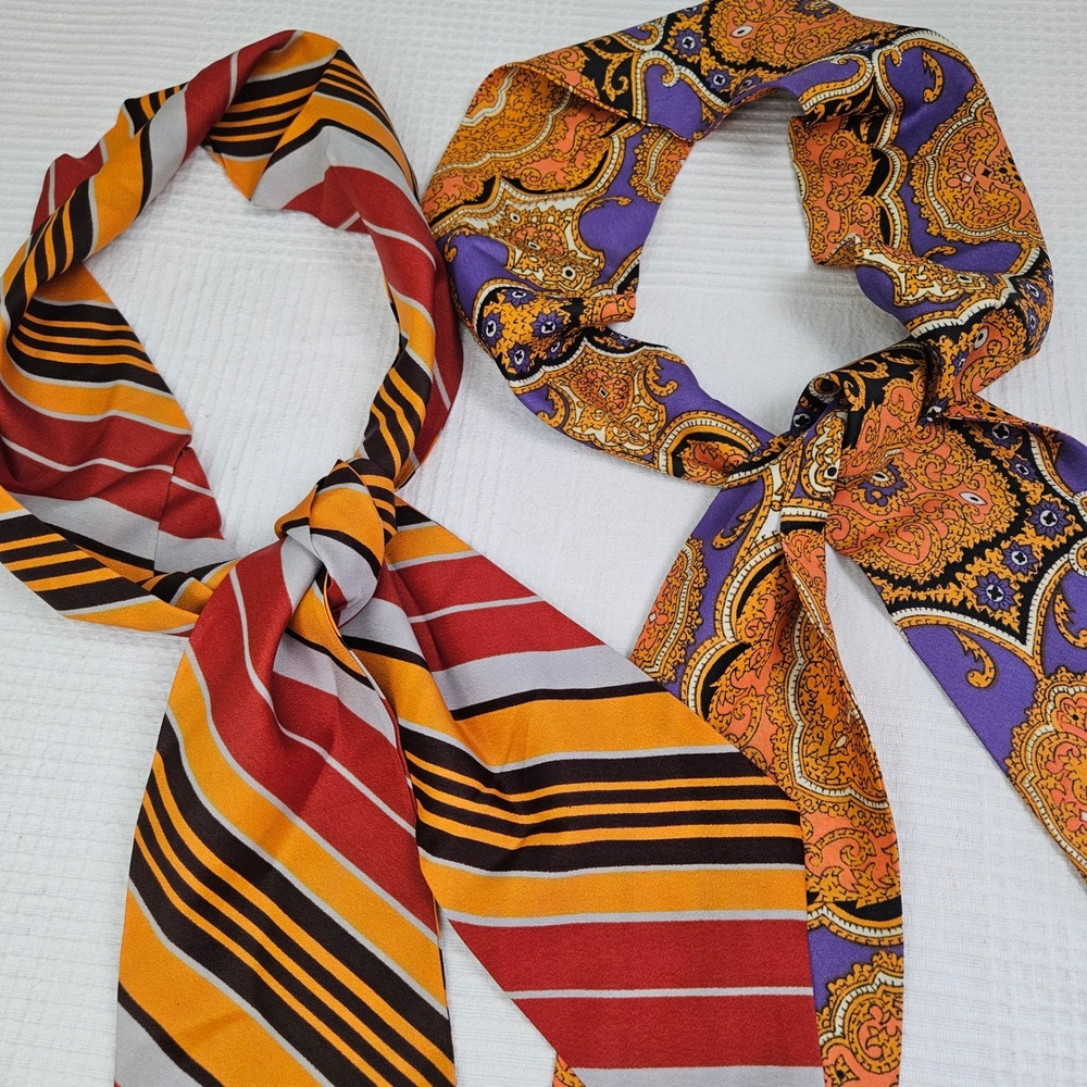 Vintage 2pc Skinny Neck Scarf Head Wrap Bag Accessory Purple Gold Orange Stripe